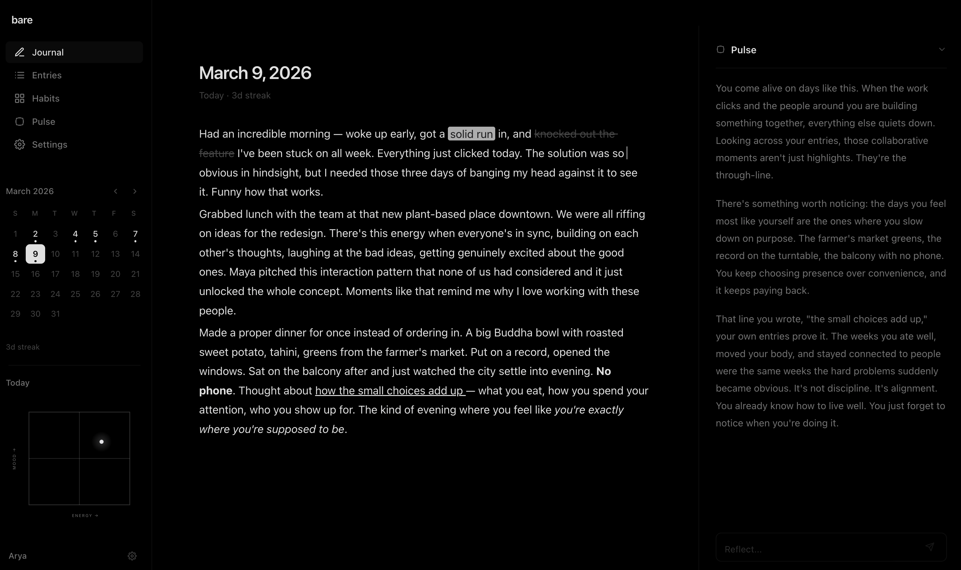 bare journal app — dark, minimal writing interface